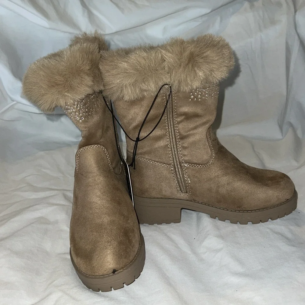 BEBE GIRLS FAUX FUR Fashion BOOTS TAN BROWN SHOES 1 NEW Rhinstones Cowgirl Bling
